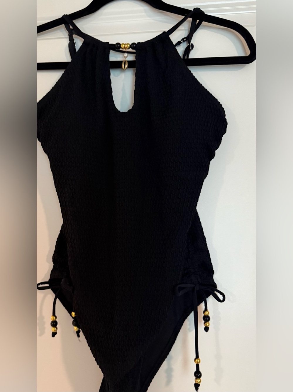 NWT CUPSHE Black High Neck One Piece Textured Swimsuit w/ Adornments Medium - Picture 11 of 14